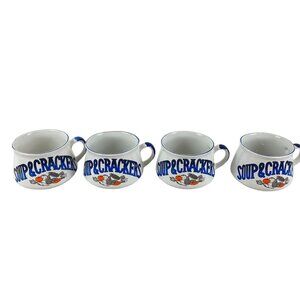 Lot of 4 Cisco Vintage White Soup & Crackers Mug Bowls Cups Blue Trim